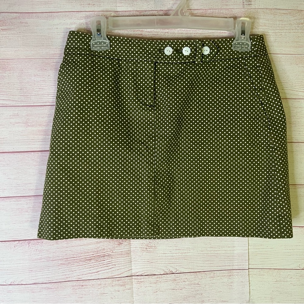 J Crew Army Olive Green White Polka Dot Pocketed Skirt Size 4